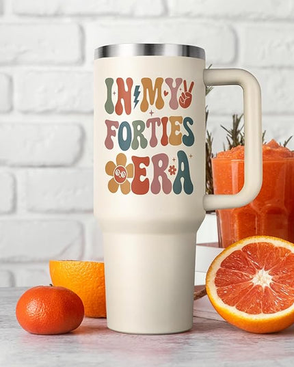 Shqiueos 40th Birthday Gifts for Women 40oz Tumbler with Handle and Straw Lid, 40 Year Old Gifts for Her, Mom, Friend, Sister, Daughter, 40s Birthday Decoration-In My Forties Era Cup Water Bottle