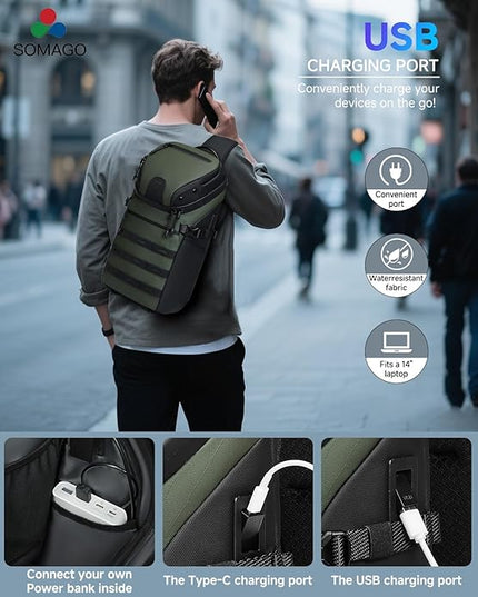 Somago Sling Backpack with USB Charging Port Water-Resistant Tactical Backpack Crossbody Chest Bag with Anti-theft Pocket