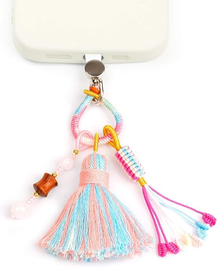 Boho Phone Charm with Tassel, Handmade Macrame Woven Phone Accessory, Cute Aesthetic Crystal & Wood Beaded Pendant Decoration for Cellphone, Bag, Keys