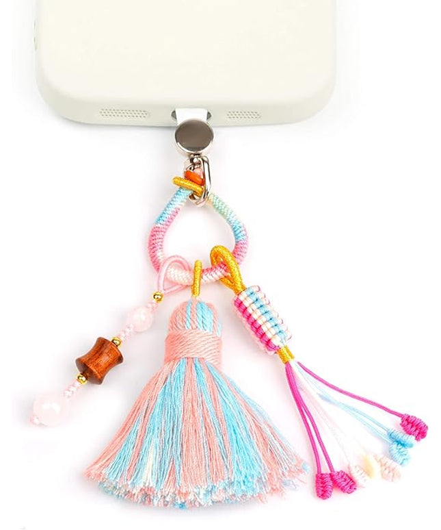 Boho Phone Charm with Tassel, Handmade Macrame Woven Phone Accessory, Cute Aesthetic Crystal & Wood Beaded Pendant Decoration for Cellphone, Bag, Keys