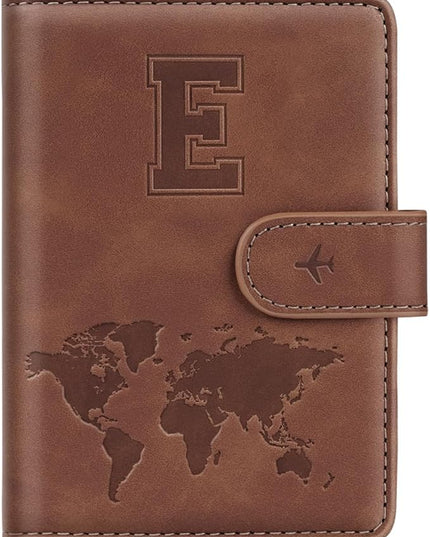 Passport Holder Wallet Cover Personalized Letter A-Z Travel Wallet RFID Blocking Passport Cover Wallet Case for Travel Passport Book Holders for Women and Men, Brown-E