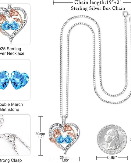 Iefil Christmas Gifts for Women Wife - 925 Sterling Silver Rose Heart Birthstone Necklace Birthday Anniversary Jewelry Gifts for Her Wife Mom Daughter