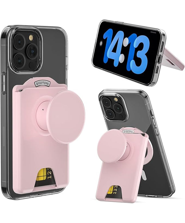 for MagSafe Wallet Stand, Magnetic Wallet Stand Adjustable, Phone Stand Card Holder with Secure Grip, for Samsung S25 S24 S23 Series and for iPhone 17 16 15 14 13 12 Series, Fit 3 Cards, Pink