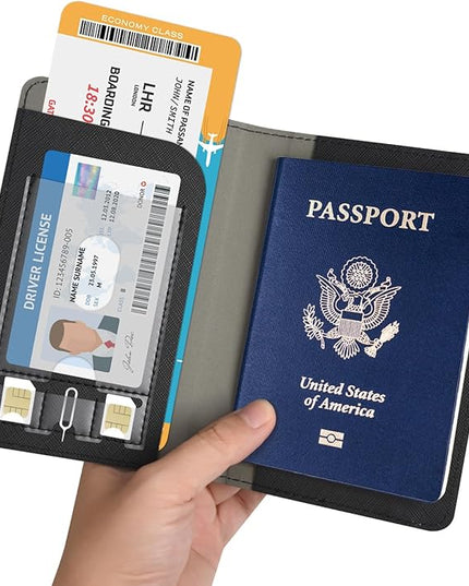 RSAquar Passport and Vaccine Card Holder Combo, Passport Holder Cover Wallet, Leather Card Case Travel Accessories with RFID Blocking for Women and Men, Y-Black