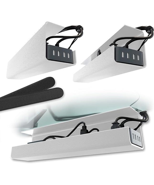 No-Screw Under Desk Cable Management Tray - Self-Adhesive Installation, Cord Management, Cable Tray, Under Desk Wire Organizer - White Set of 2