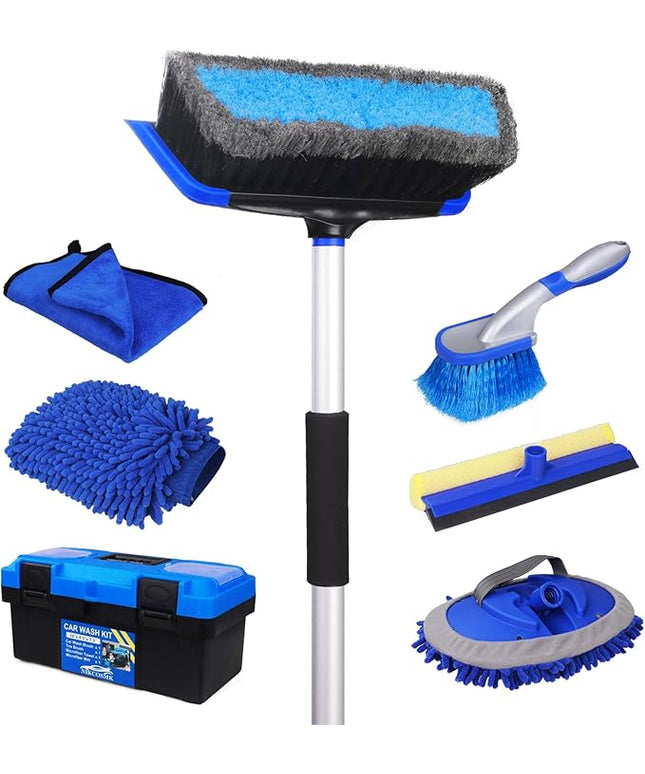 NIKCOSMK 62'' Car Wash Brush with Long Handle, Car Wash Kit with Tire Brush, Tower, Window Squeegee, Chenille Microfiber Car Wash Mop Mitt, Car Cleaning Brush Kit Supplies for Car, Truck, SUV, RV