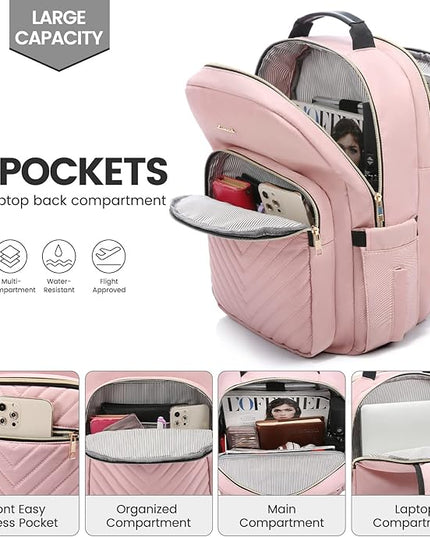 LOVEVOOK Laptop Backpack for Women 15.6 inch,Cute Womens Travel Purse,Professional Laptop Computer Bag,Waterproof Work Business College Teacher Bags Carry on Backpack with USB Port,Pink