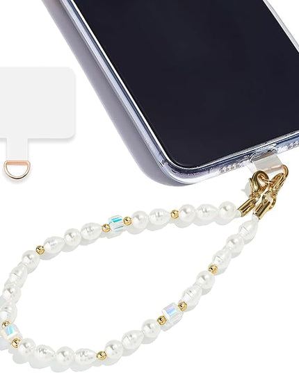 Marble Beaded Phone Wrist Strap,Detachable Phone Bracelet Strap with Tether Tab,Hands-Free Wristlet Strap (White Pearl)