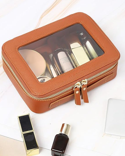 Aveniee Clear Makeup Bag, Travel Toiletry Case Car Accessories Organizer for Women, Heavy Duty Clear Pouch with Dual Zippers(Brown)