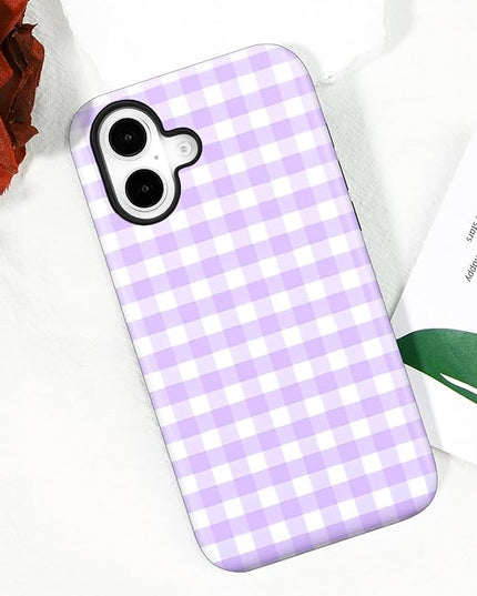 Magnetic for iPhone 16 Case Cute Checkered Stripes Phone Case for Women Girls, Shockproof Slim TPU and Hard PC Protective Phone Cover Compatible with MagSafe Designed, Purple