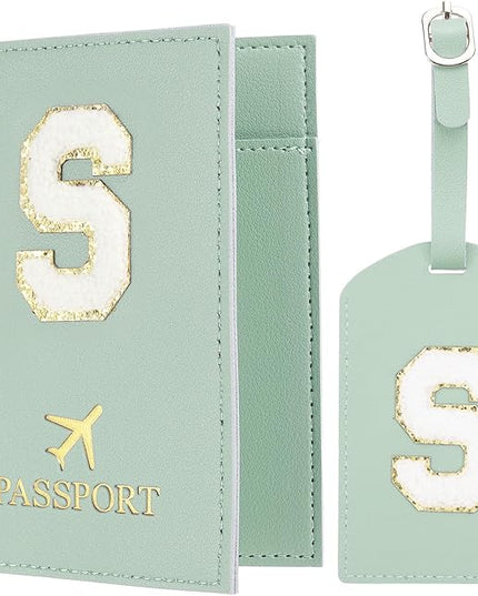 PATIKIL Passport Holder for Travel, Initial Passport Cover and Luggage Tag Set with Alphabet Chenille Letter Patch Travel Wallet Bag Suitcase Identifier for Women Family Travel Green S