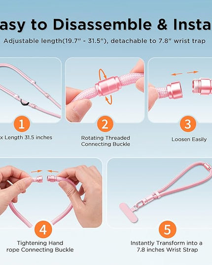 3-in-1 Cell Phone Lanyard 1 Pack + Wrist Strap 1 Pack - Convertible Crossbody Strap with Locking Knob Friendly, Adjustable Neck Lanyard for Gym/Work/Travel Essentials(Pink)