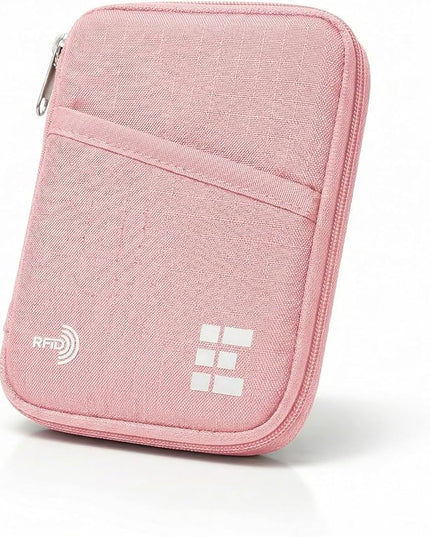 Zero Grid Passport Holder & Travel Wallet with RFID Blocking, Premium Document Organizer for Men & Women, Holds Passports, Cards, Tickets, ID & Cash, Compact Zippered Wallet - Rose Pink
