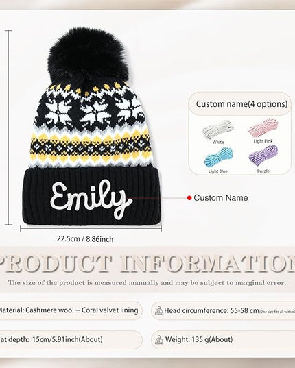 Personalized Beanie for Women Custom Knit with Name, Winter Hat with Pom Pom, Soft Lined Warm Hat, Birthday Gift