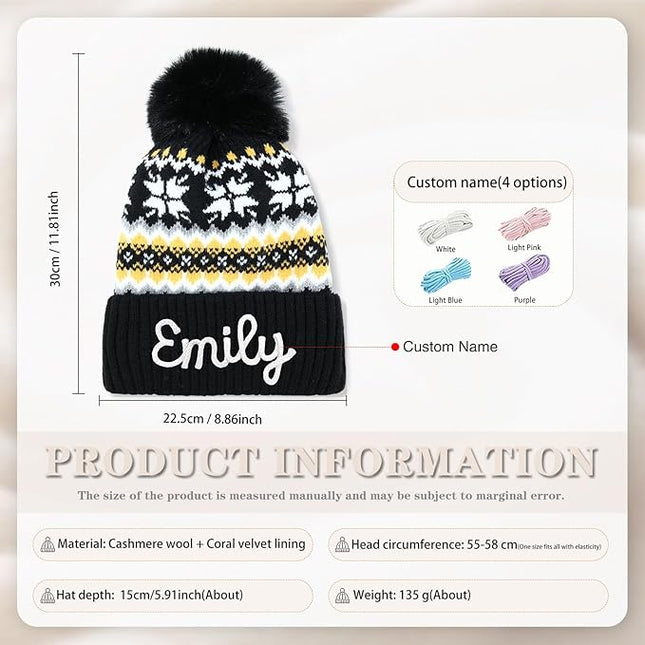 Personalized Beanie for Women Custom Knit with Name, Winter Hat with Pom Pom, Soft Lined Warm Hat, Birthday Gift