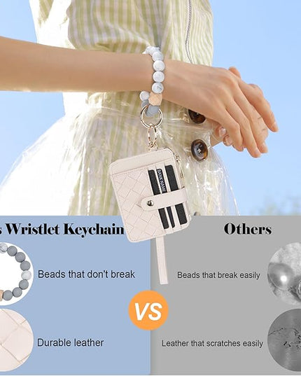Keychain Wallet with Bracelet RFID Blocking Wristlet Credit Purse Card Holder, Silicone Bead Tassel Key Ring for Women