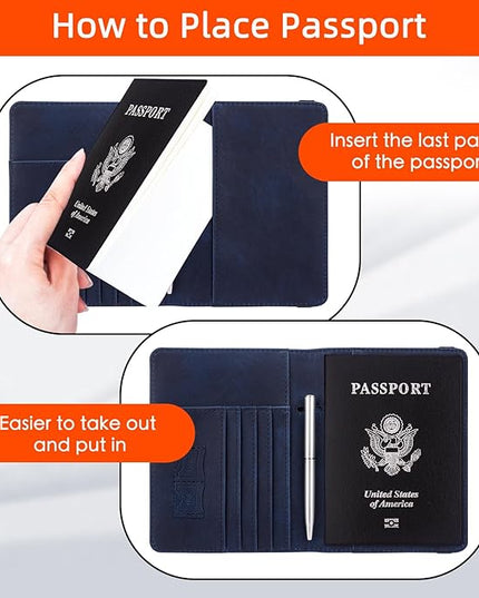 WALNEW Passport Holder for Travel, RFID Passport Cover Wallet for Women Men, PU Leather Passport Book Card Holder Case with Pen (Elastic Band Closure, A-Navy Blue)