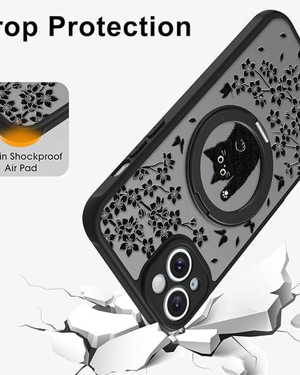 Cute Case for iPhone 15 Case with Stand [ Compatible with MagSafe ] Kawaii Black Cat & Floral & Butterflies Pattern Design 360 Magnetic Ring Kickstand Phone Cover for Women Girls Boys