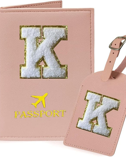 COSHAYSOO Initial Passport Cover Holder and Luggage Tag Set with Chenille Letter Patch for Women Teenage Girls, Traveling Necessities Supply Unique Bag Suitcase Identifier Pink K