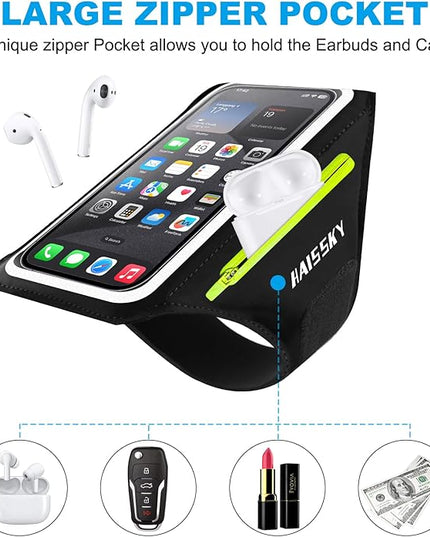 Cell Phone Running Armband with Zipper Pocket Armband Case Running Holder for iPhone 16 Pro Max/15/14 Pro Max/13/12 /11 Pro Max/XS/XR,Galaxy S20 S10,Sweatproof Arm Band with Card/Key Bag