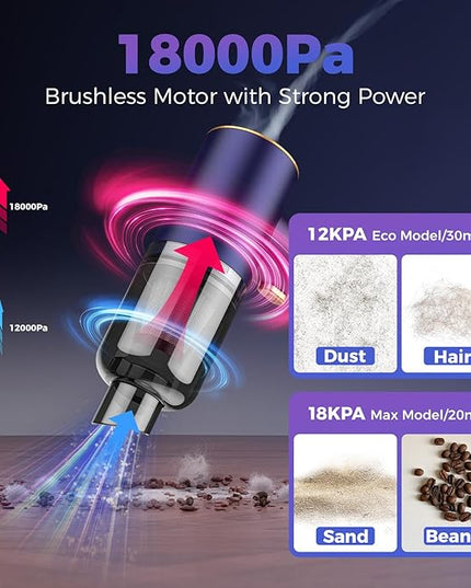 Handheld Car Vacuum Portable Cordless,18000PA High Power Vacuum Cleaner with Brushless Motor.7 in 1 Mini Hand Held Vacuum Rechargeable AirDuster/Blower for Car,Home,Ofice,Pet