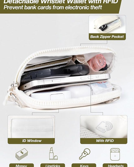 Clip and Go Strap for Phone with Wallet Crossbody Phone Lanyard Adjustable and Detachable RFID Wristlet Wallet with ID Window and Zipper, Cream(L)