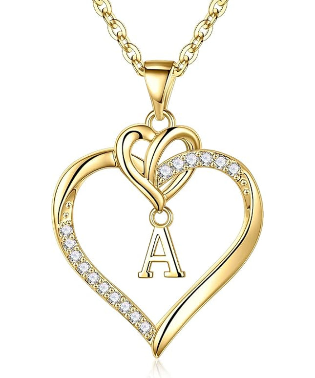STORUP Christmas Gifts for Women Teen Girls - Heart Initial Necklaces for Women Girls, 14K-Gold-Plated Cubic Zirconia Initial A-Z Pendant Dainty Heart Necklaces for Teen Girl Jewelry Birthday Gifts