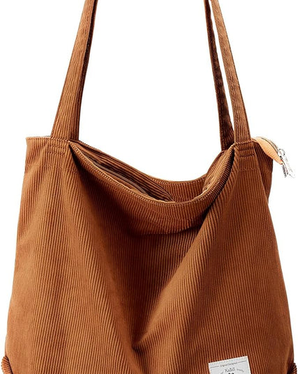KALIDI Women Corduroy Tote Bag Zipper Casual Tote's Handbag Big Capacity Shoulder Bag with Pockets