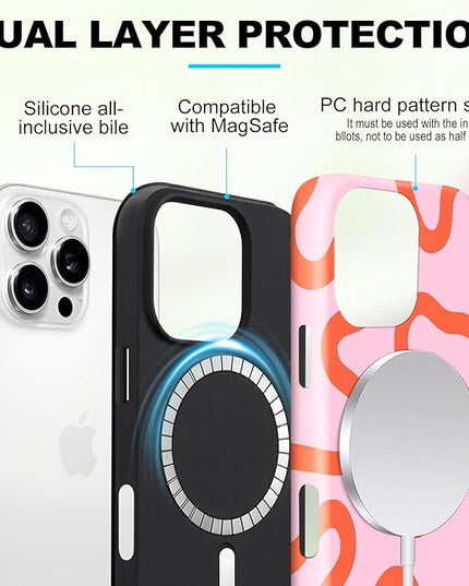 Magnetic for iPhone 15 Pro Max Case Cute Curved Stripes Phone Case, Shockproof Slim TPU and Hard PC Protective Phone Cover Compatible with MagSafe Designed for Women Girls,Pink