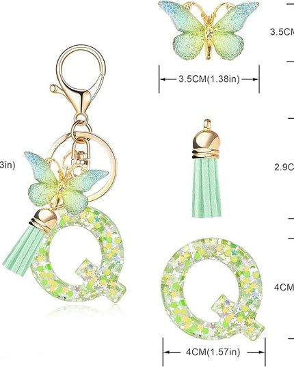 Fashion Alphabet Initial Letter Keychain Tassel Butterfly Pendant Key Ring for Purse Handbags Women Girl
