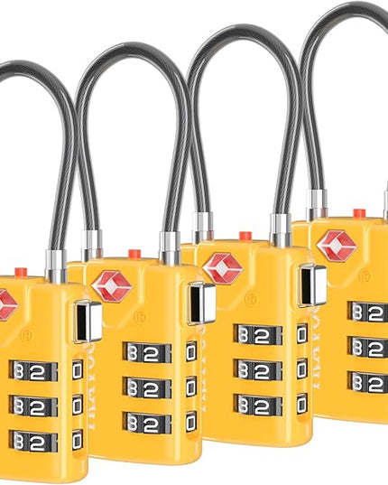 Search Alert TSA Approved Travel Combination Luggage Cable Locks for Suitcase, Gym Locker,Toolbox,Backpack 1,2,4,6 &10 pk (Yellow 4 Pack)