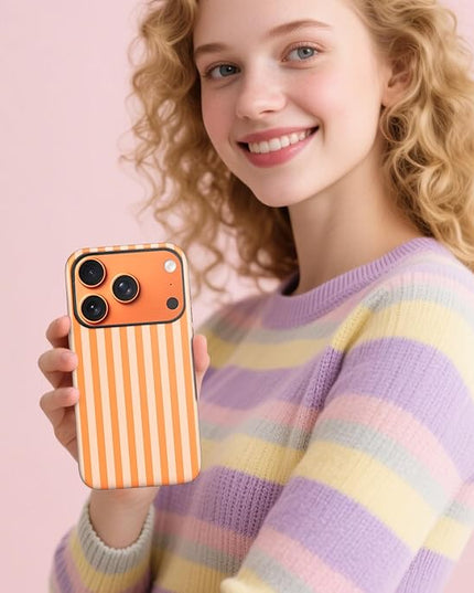 Magnetic for iPhone 17 Pro Case Cute Stripes Phone Case, Shockproof Slim TPU and Hard PC Protective Phone Cover Compatible with MagSafe Designed for Women Girls, Orange