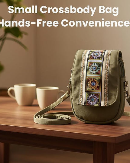 Goodhan Embroidery Canvas Crossbody Bag Cell phone Pouch Coin Purse for Women
