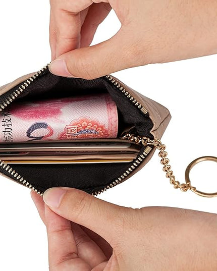 DORIS&JACKY Soft Lambskin Leather Coin Purse Small Quilted RFID Blocking Top Zipper Wallet With Key Chain
