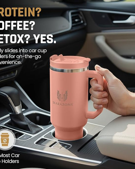 40 oz Insulated Tumbler with Handle and Straw – Double Wall Stainless Steel Vacuum Cup | Car Cup Holder Fit | Hot Cold Travel Mug | BPA Free Reusable Water Bottle Gift for Her (Sunset Pink)