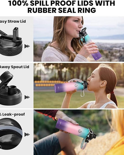 Insulated Water Bottle 24oz, Triple Wall Vacuum Stainless Steel (Cold for 48 Hrs, Hot for 24Hrs), Leak Proof & Non-BPA, 24oz Hydro Water Flask with Paracord Handle & Straw Spout Lids