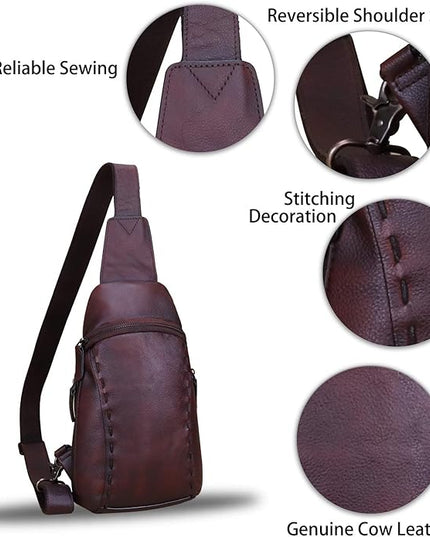LRTO Genuine Leather Silng Bag for Women and Men Vintage Real Leather Sling Backpack Shoulder Crossbody Bag Chest Purse