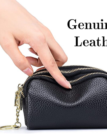LINNO 3 Zippered Genuine Leather Coin Purse Triple Capacity Change Pouch Little Travel Wallet With Key Ring for Women