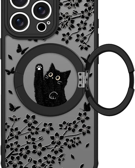 Cute Case for iPhone 15 Pro Max Case with Stand [ Compatible with MagSafe ] Kawaii Black Cat & Floral & Butterflies Pattern Design 360 Magnetic Ring Kickstand Phone Cover for Women Girls Boys