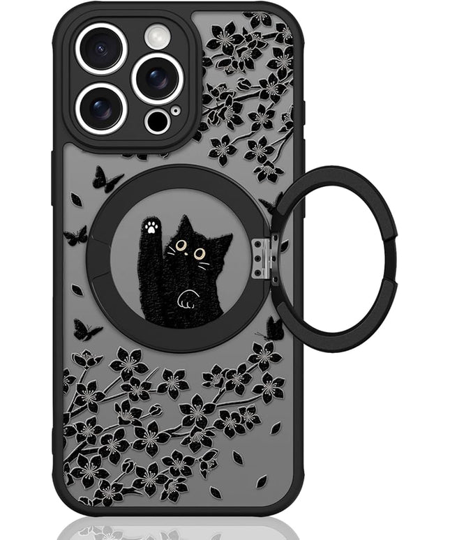 Cute Case for iPhone 15 Pro Max Case with Stand [ Compatible with MagSafe ] Kawaii Black Cat & Floral & Butterflies Pattern Design 360 Magnetic Ring Kickstand Phone Cover for Women Girls Boys