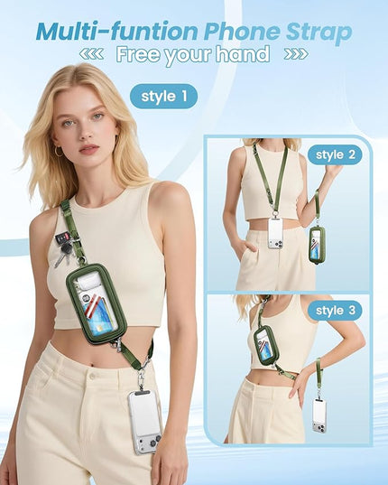 SHANSHUI Clip and Go Phone Strap Wallet Crossbody Phone Lanyard, Detachable Wristlet Strap with Zipper Phone Screen ID Window, 2 Pcs Metal Tether Pads Compatibe for iPhone & Most Smartphones Green