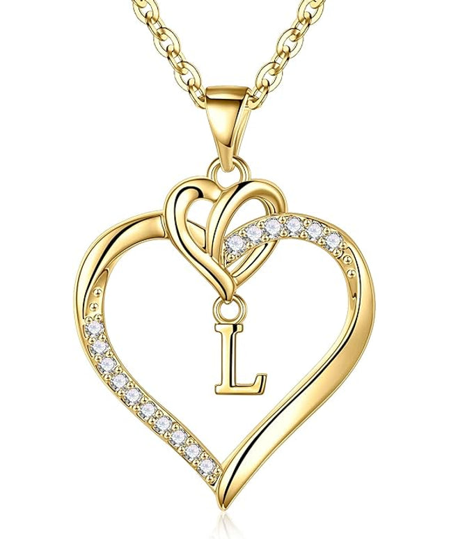 STORUP Christmas Gifts for Women Teen Girls - Heart Initial Necklaces for Women Girls, 14K-Gold-Plated Cubic Zirconia Initial A-Z Pendant Dainty Heart Necklaces for Teen Girl Jewelry Birthday Gifts