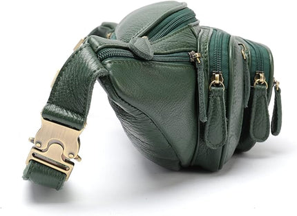 Genuine Leather Fanny Pack large capacity Crossbody Waist Bag with Zipper phone Pockets green