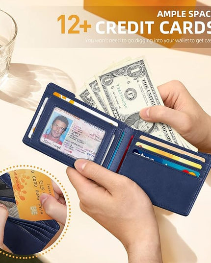 RUNBOX Wallet for Men Slim 11 Credit Card Holder Slots Leather RFID Blocking Small Thin Men's Wallet Bifold Minimalist Front Pocket Large Capacity Gift Box