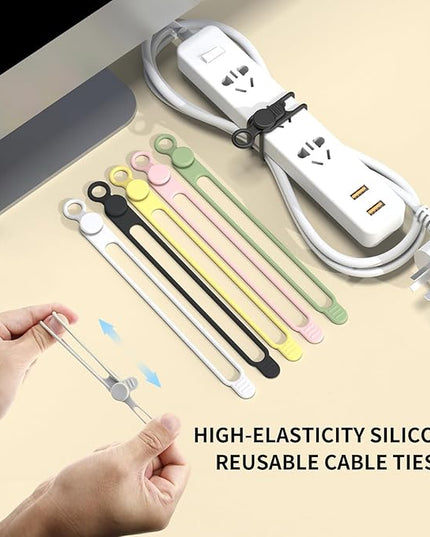Silicone Cable Straps, 10pcs Extra-Long Reusable Hanging Organizer for Cables, Kitchen, Home, School (Black & White)