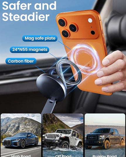 Magnetic Car Phone Holder for Magsafe, Alloy 360° Folding Cell Car Phone Mount with Ultra Stable Suction Cup and Reusable Gel, Dashboard Windshield Stand for iPhone 17-12 Android Pixel Samsung