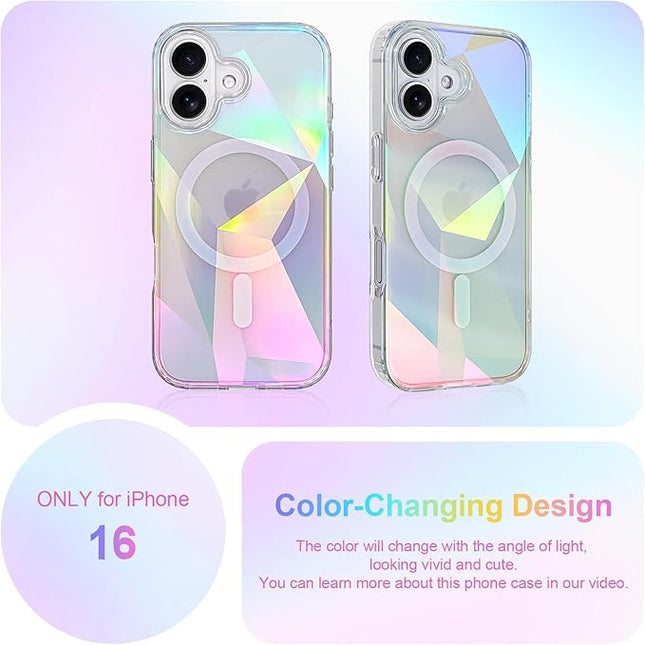 Cute Case for iPhone 16 Case for Women Girls [ Compatible with Magsafe ] Clear Glitter Girly Aesthetic Rainbow Sparkly Bling Magnetic Phone Cover, Iridescent Geometry