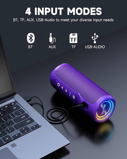 OHAYO Bluetooth Speaker, Portable Wireless, IPX7 Waterproof, Powerful 25W Sound, 24H Playtime, Dual Pairing, Active Bass, Colorful Lights, Bluetooth 5.3, Outdoor Speakers for Home/Party/Beach, Purple