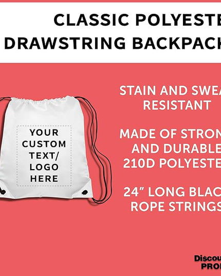 DISCOUNT PROMOS Custom Classic Polyester Drawstring Bagpack Set of 10/50/100, Personalized Bulk Pack - Great for Travelling, Gym and for Everyday Use - White