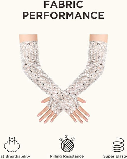 BABEYOND Opera Gloves for Women - Long Fingerless Sequin Sparkling Glitter Gloves Tea Party Stretchy Adult Size Elbow Length